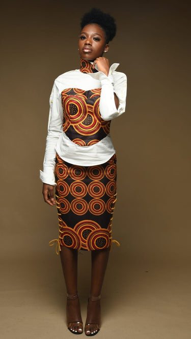 INFINITY Coco Brown Ankara Side Laced Pencil Skirt